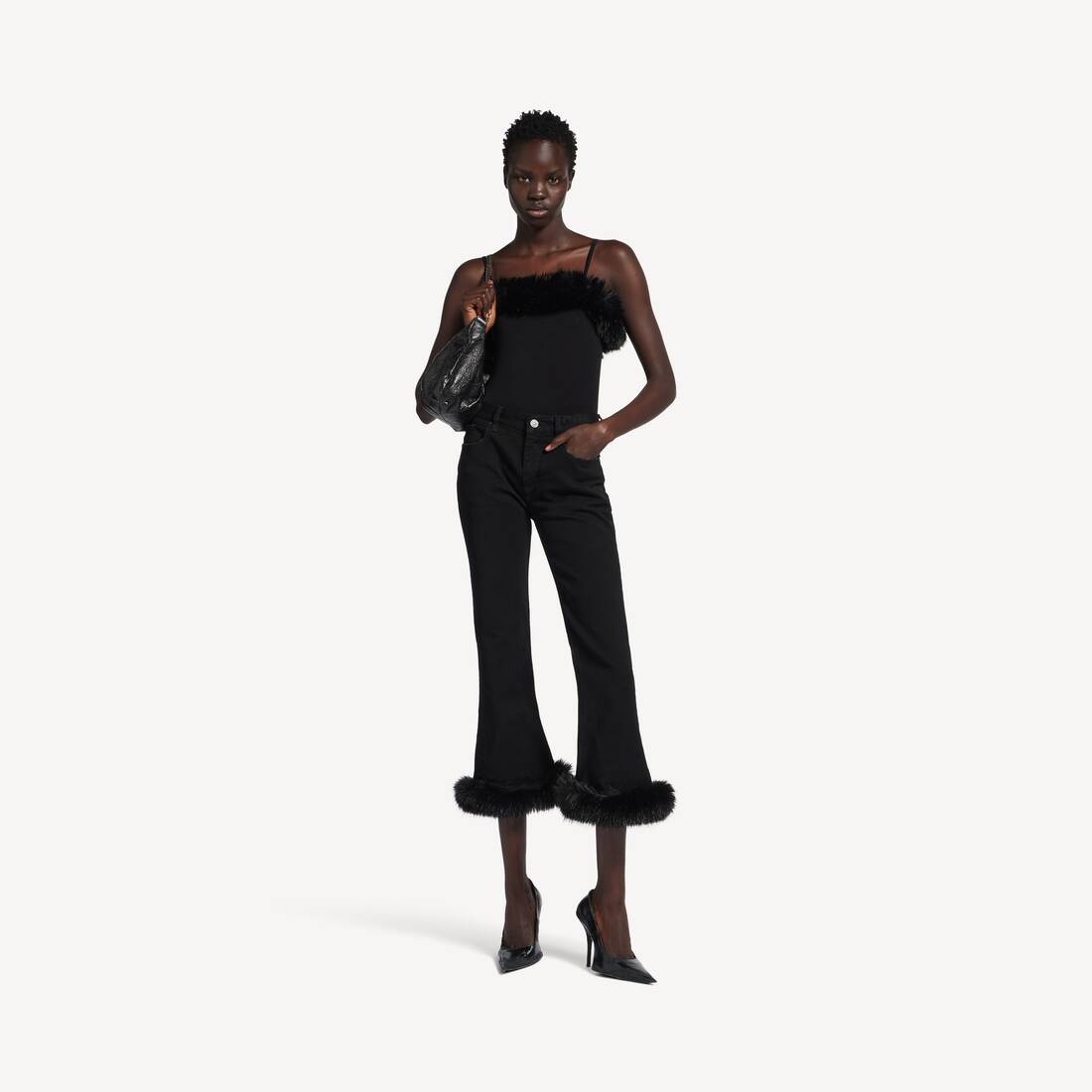 Women's Fur Trim Flared Capri Pants in Black