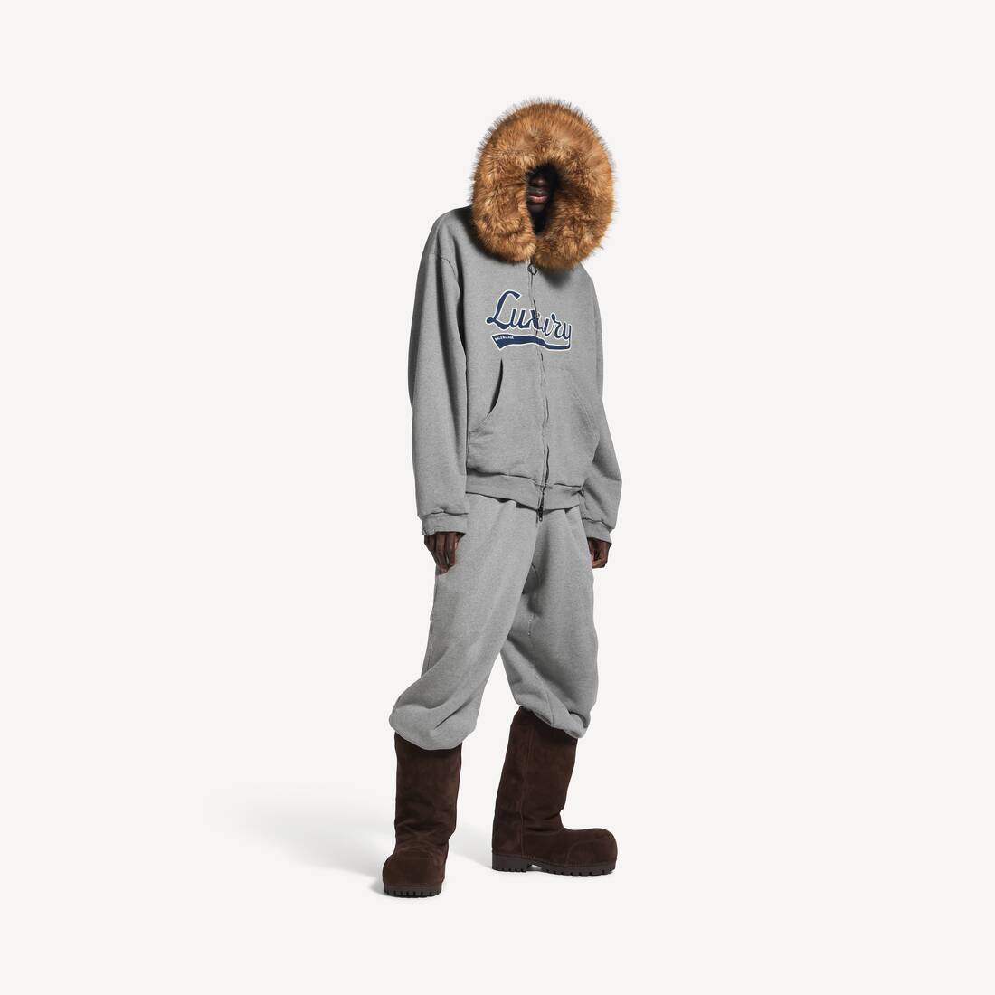 Men's Luxury Script Oversized Zip-up Hoodie in Dark Heather Grey