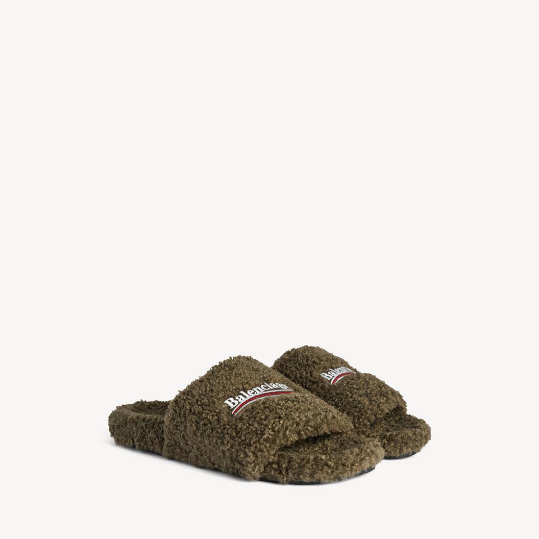 Men's Furry Open Mule in Army Green/white/red