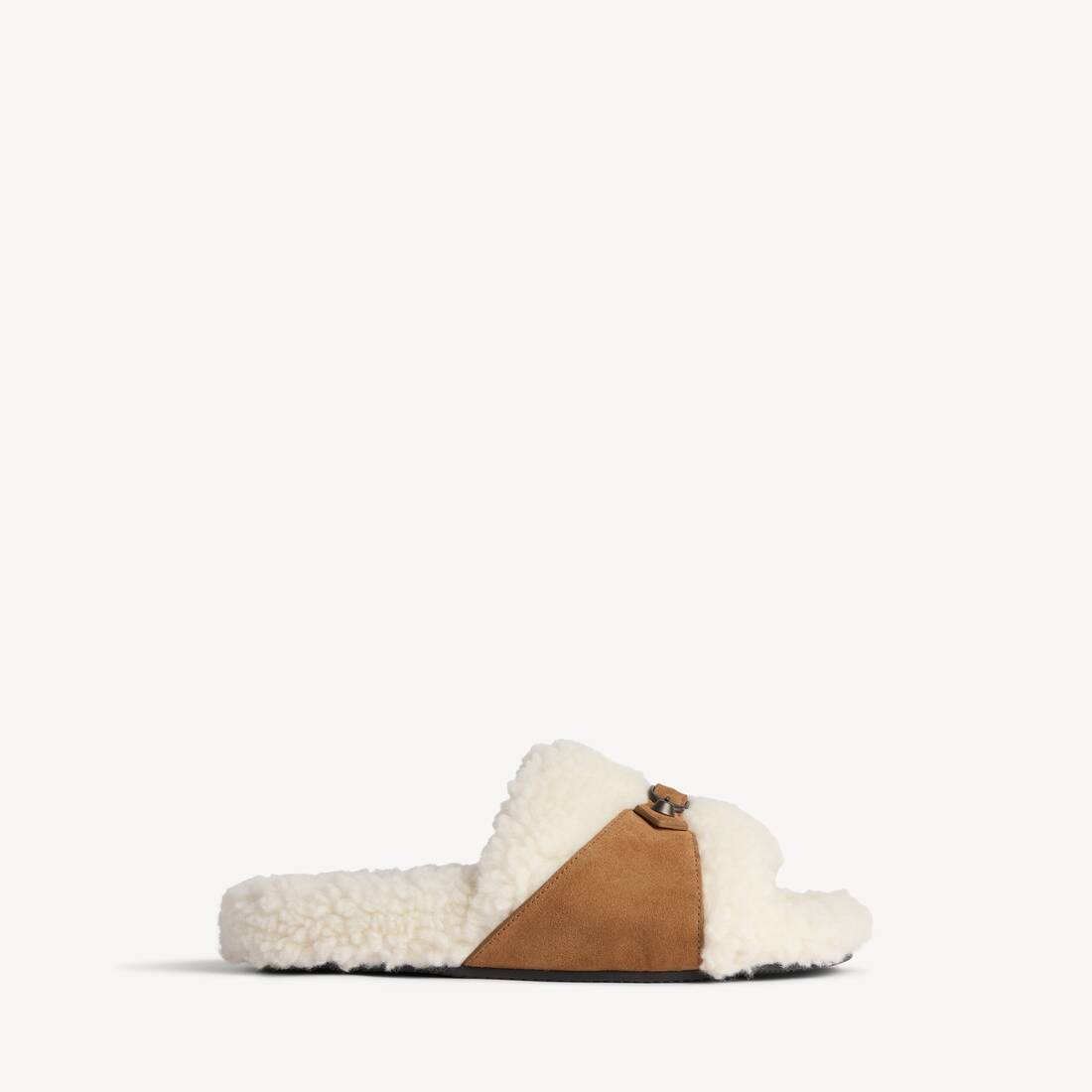 Women's Furry Open Mule in Off White/brown