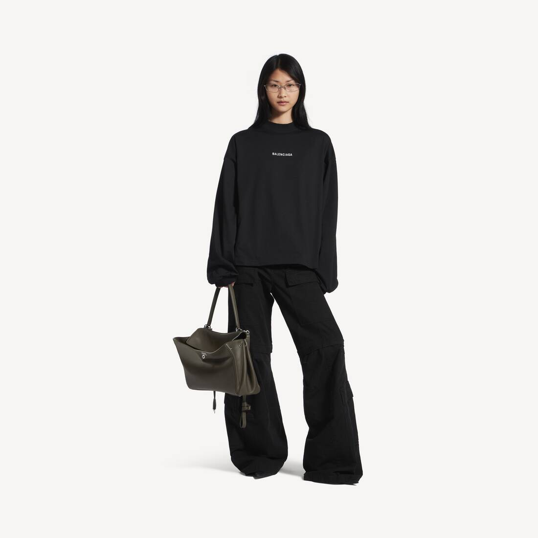 Women's Balenciaga Back Cropped Long Sleeve T-shirt in Black/white