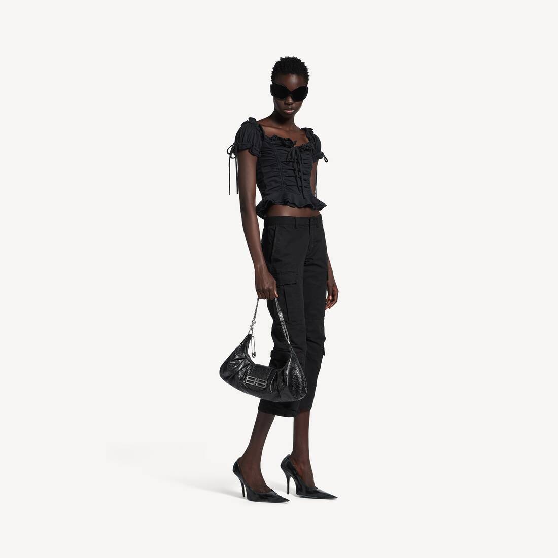Women's Gathered Cropped Top in Faded Black