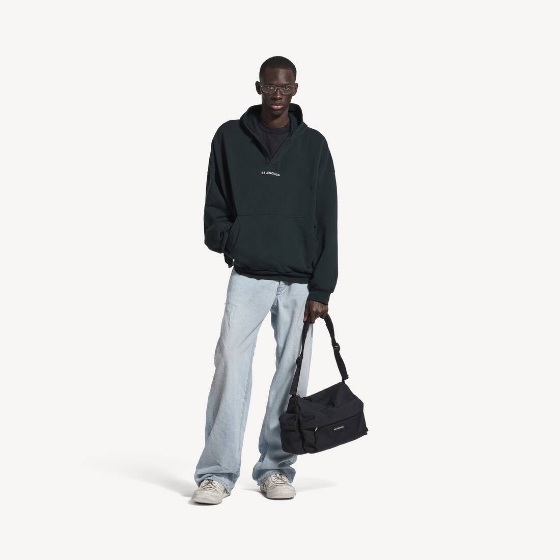 Men's Balenciaga Back Polo Hoodie in Faded Black/white