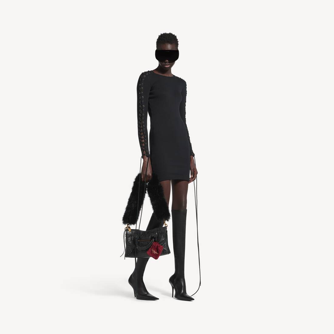 Women's Lace-up Long Sleeve Dress in Black