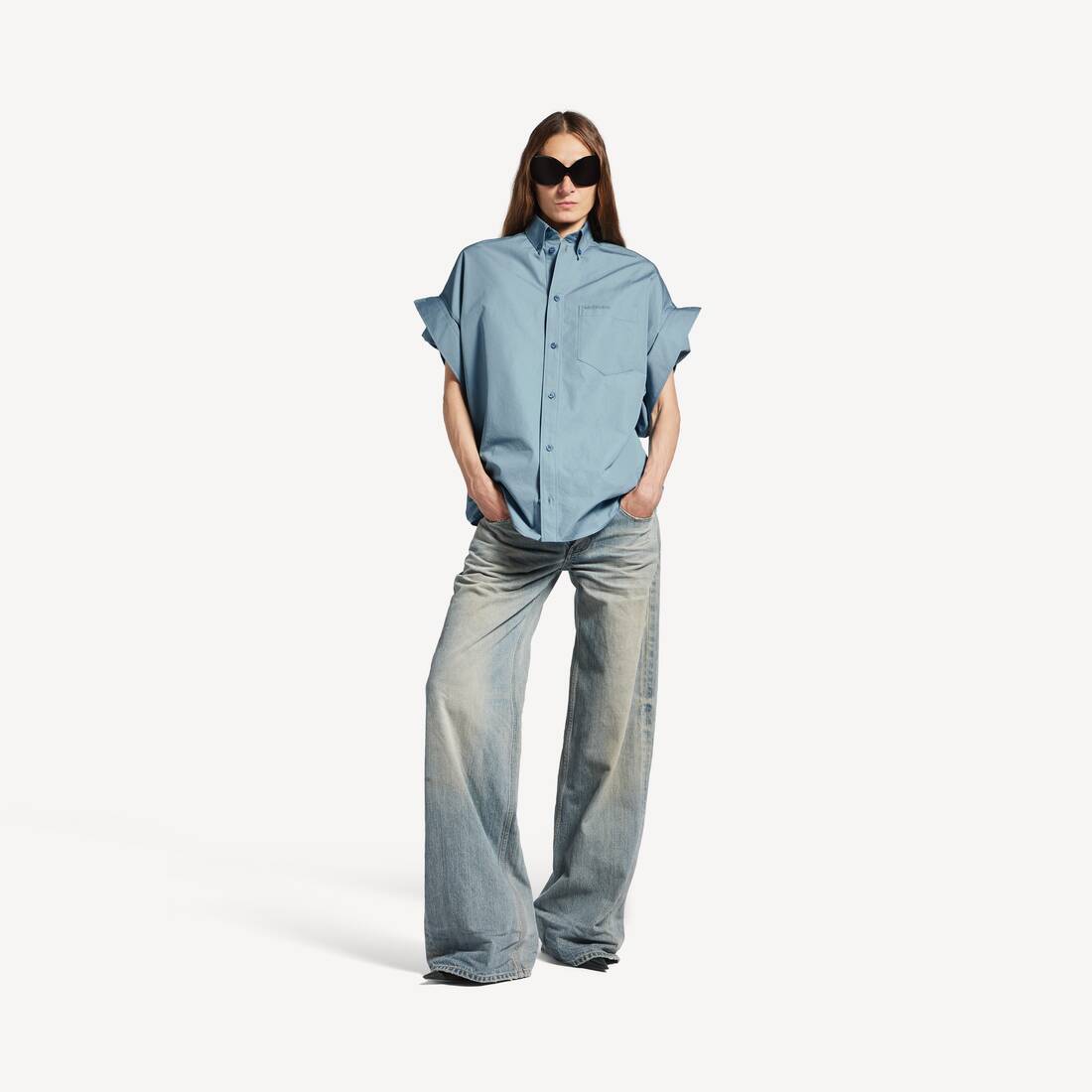 Women's Tucked Sleeve Shirt in Grey Blue