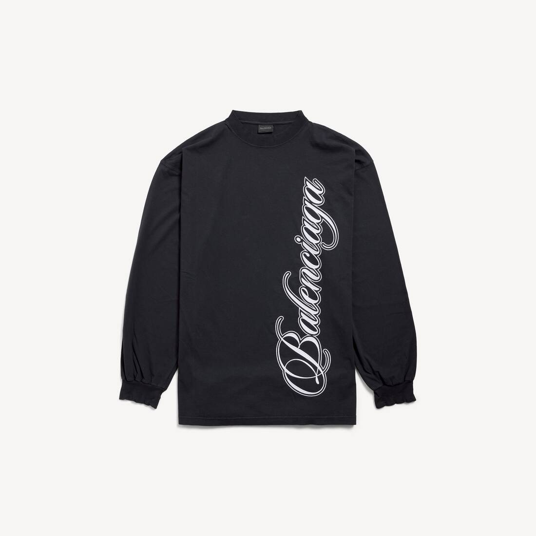 Men's Cursive Long Sleeve T-shirt Large Fit in Washed Black/white