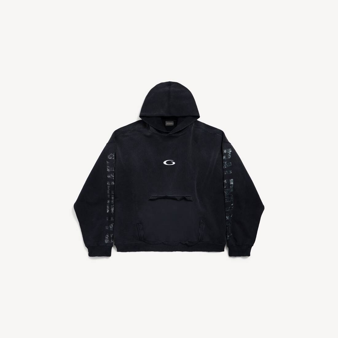 Men's Transparent Tape Ripped Pocket Hoodie in Faded Black/white