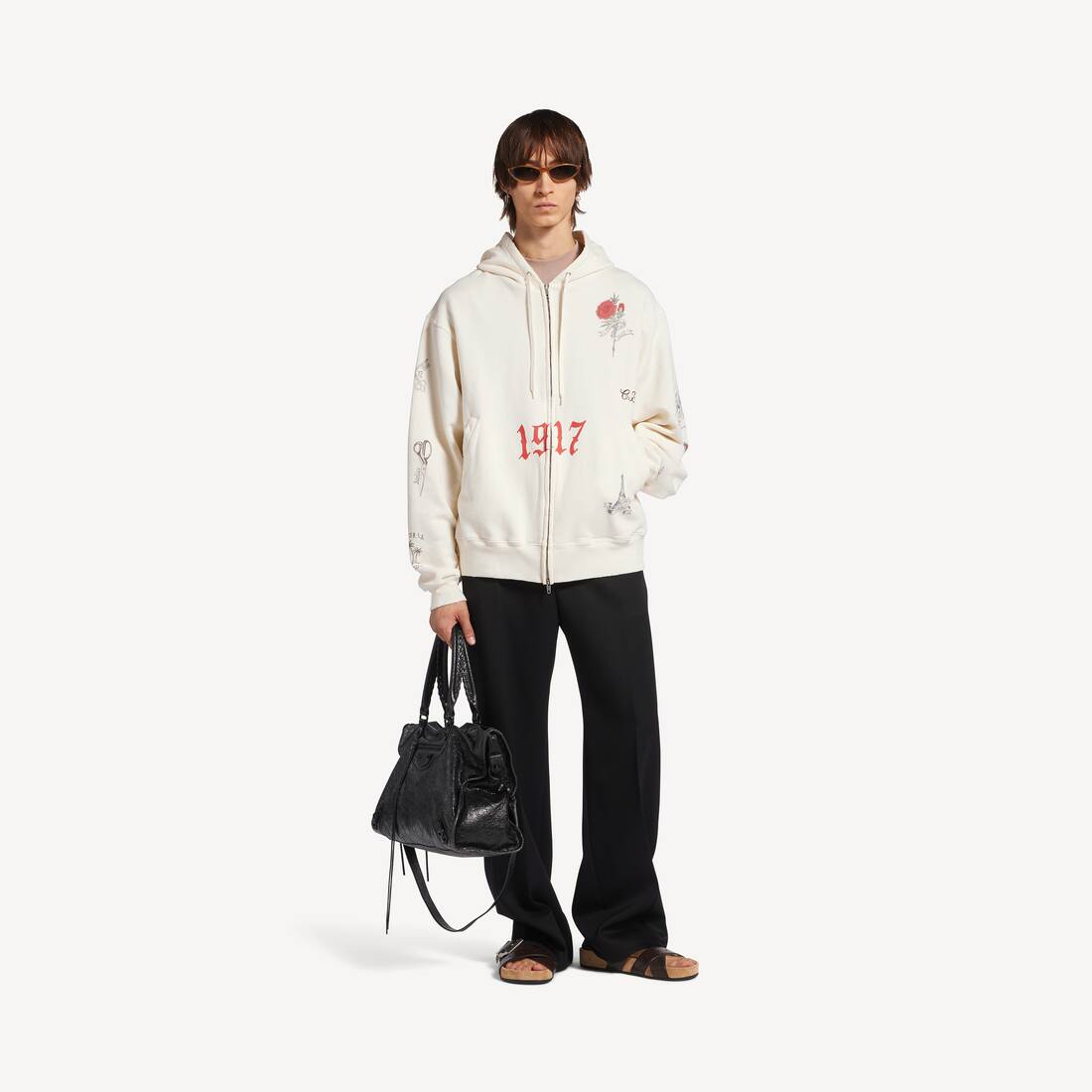 Men's Tattoo Oversized Zip-up Hoodie in Cream