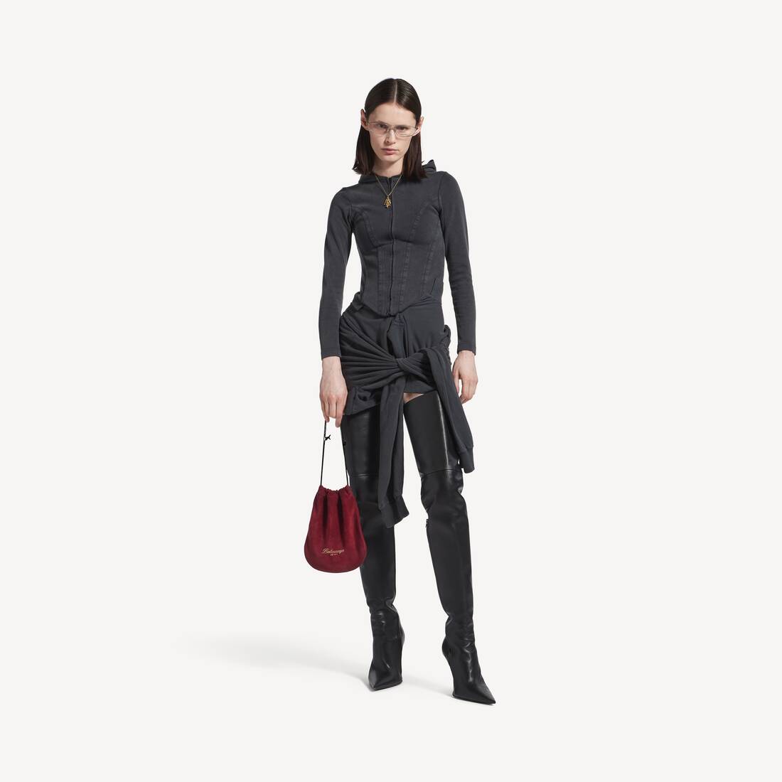 Women's Corseted Zip-up Hoodie in Black Faded