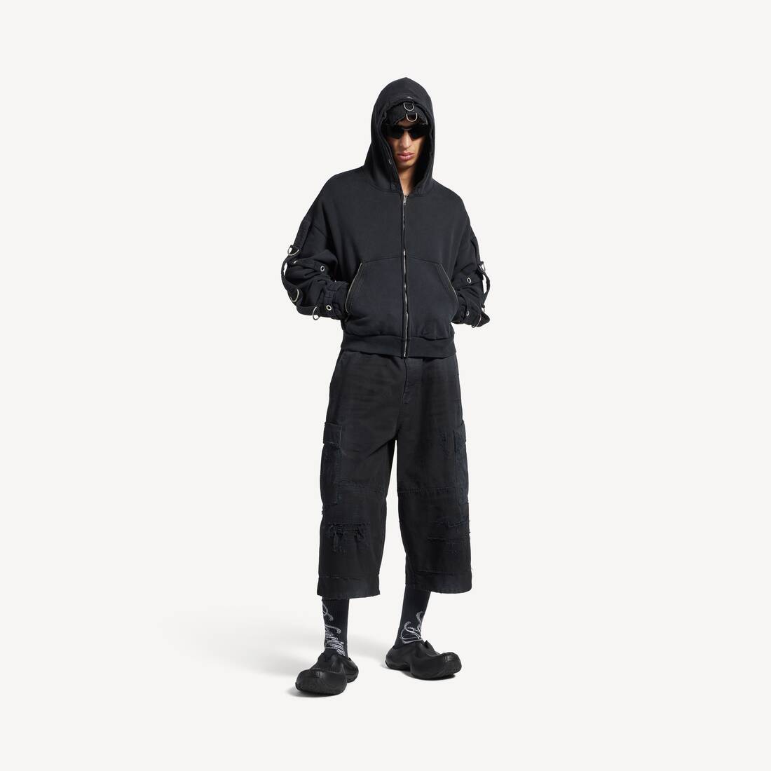 Men's D-ring Cargo Zip-up Hoodie in Faded Black