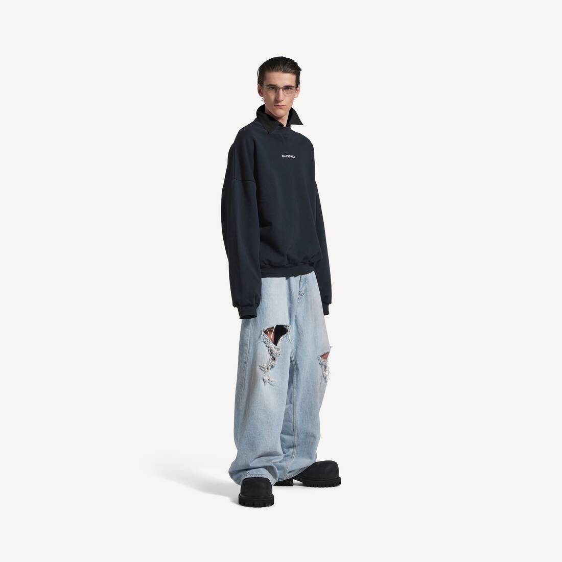 Men's Balenciaga Back Shirt Collar Crewneck in Faded Black