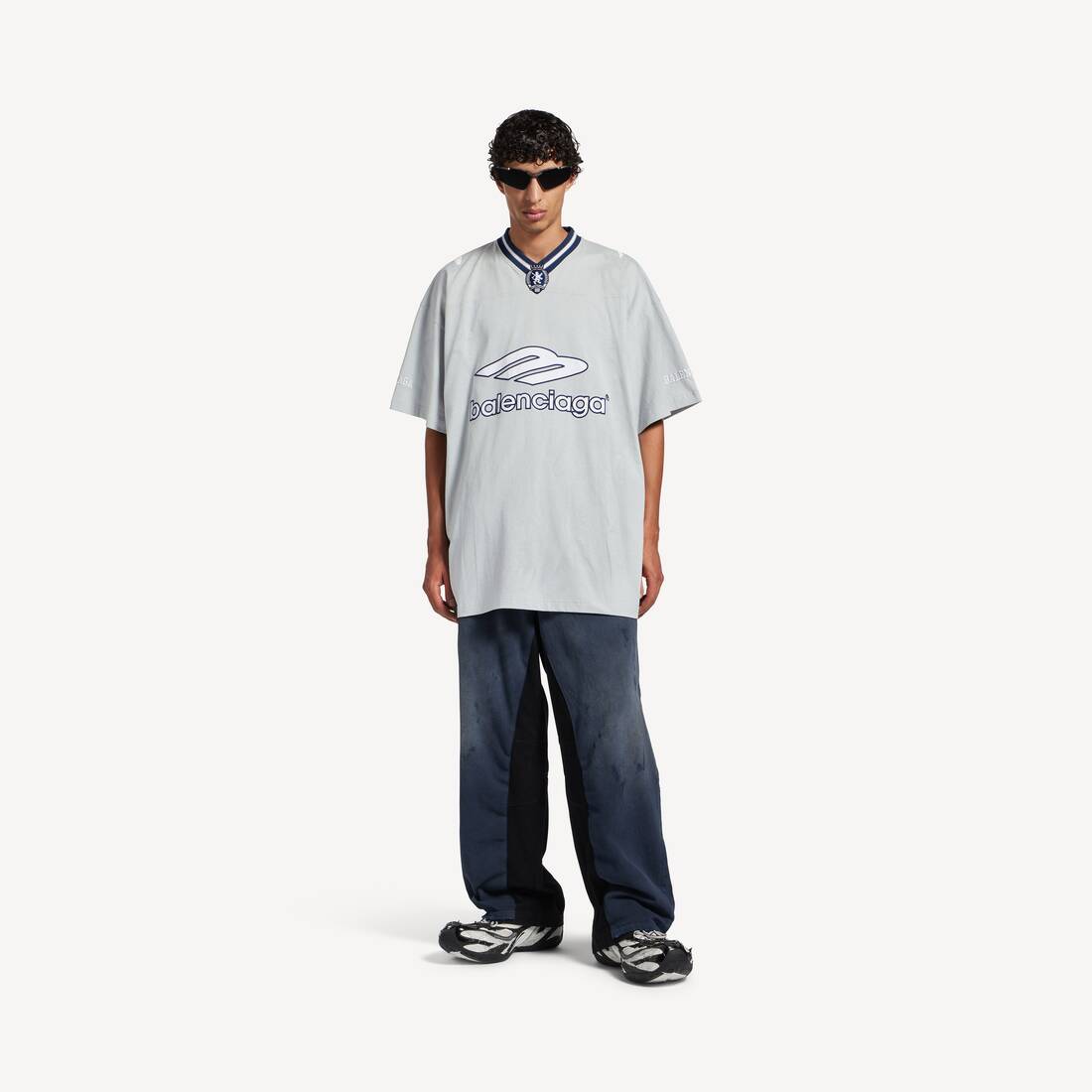 Men's 3b Football V-neck T-shirt Oversized in Grey/white