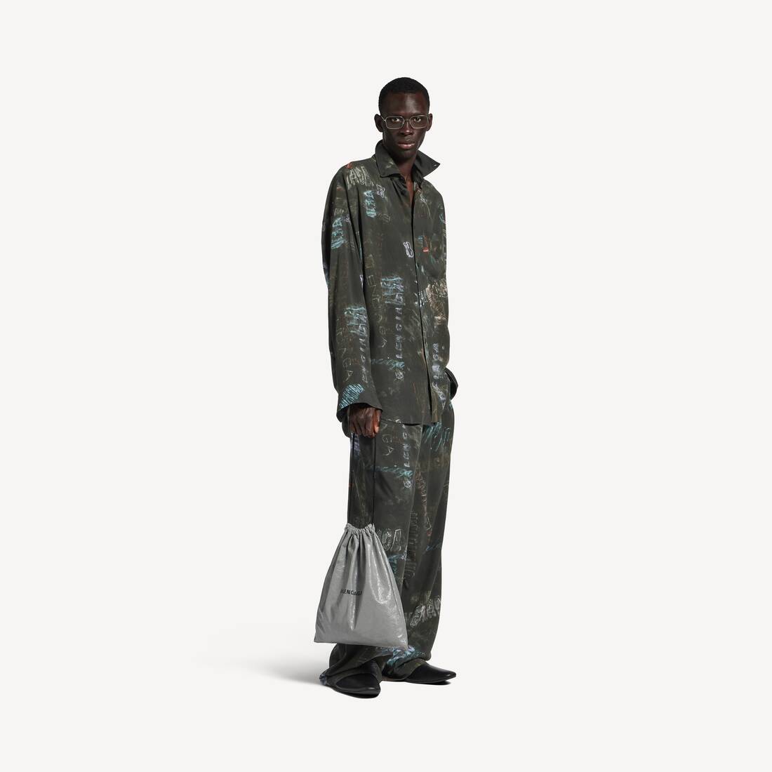 Men's Washed Crayon Allover Long Sleeve Cocoon Shirt in Washed Black