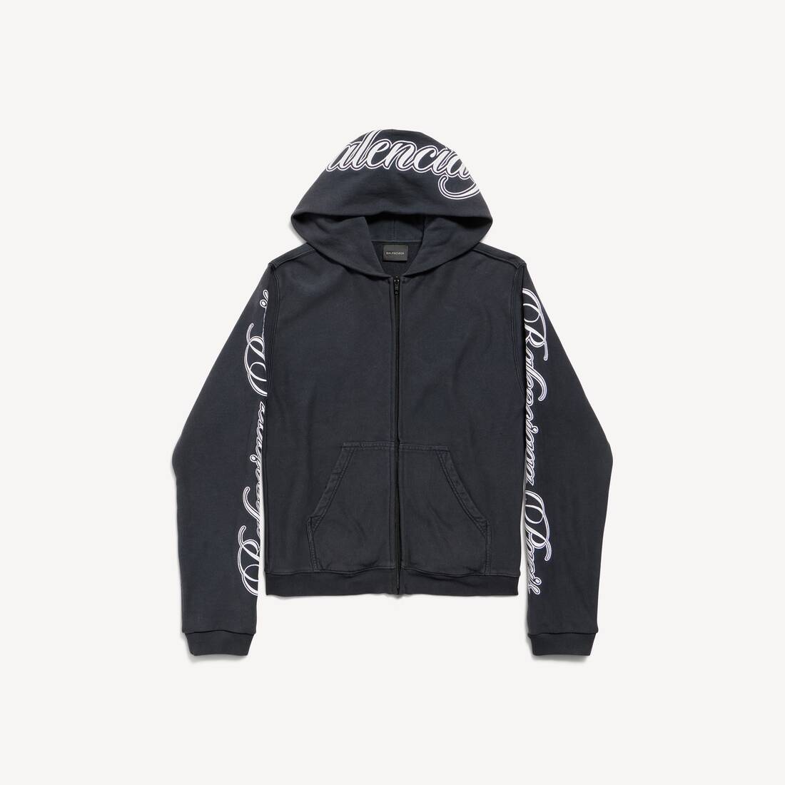 Women's Cursive Zip-up Hoodie Regular Fit in Washed Black/white
