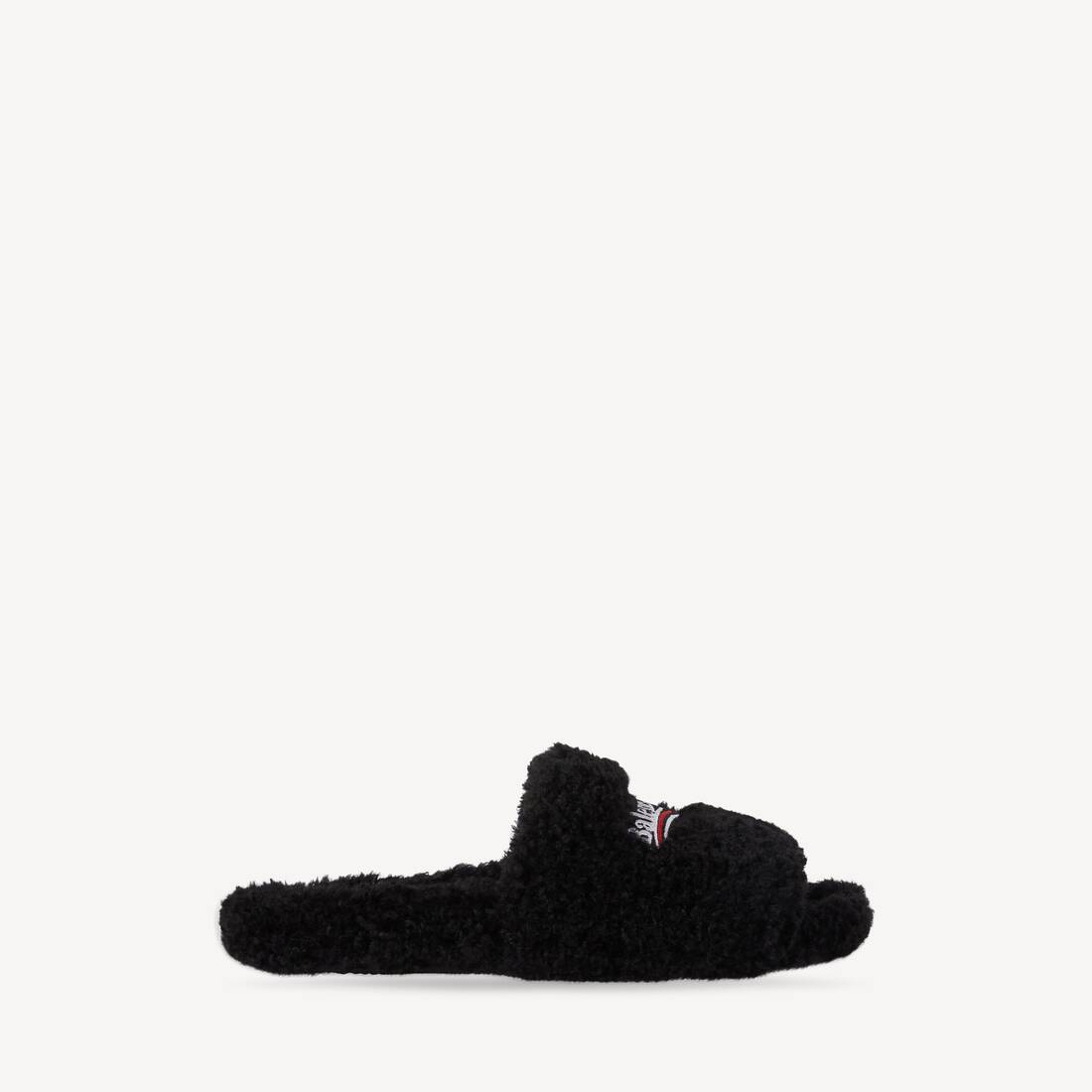 Women's Furry Open Mule in Black/white/red