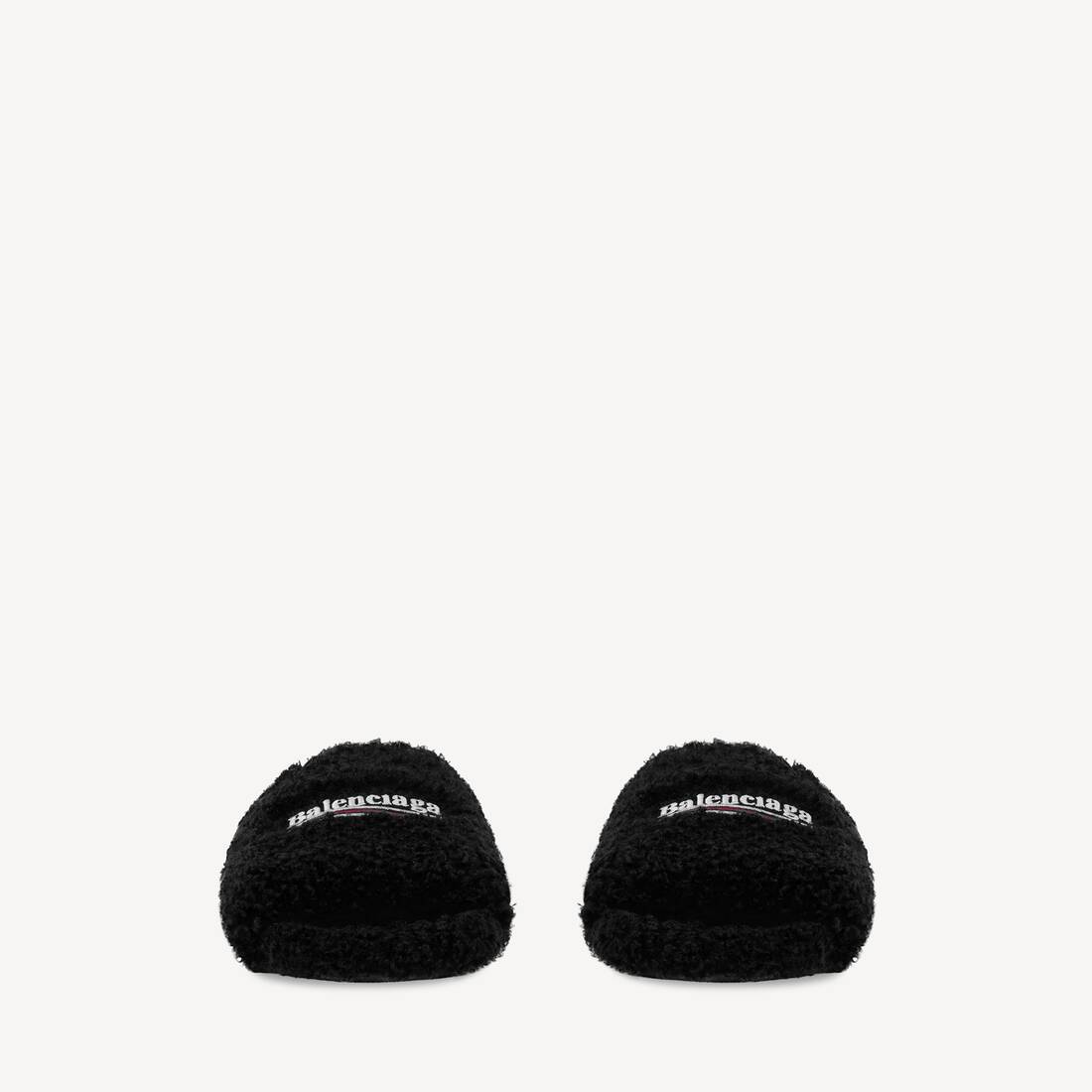 Women's Furry Open Mule in Black/white/red