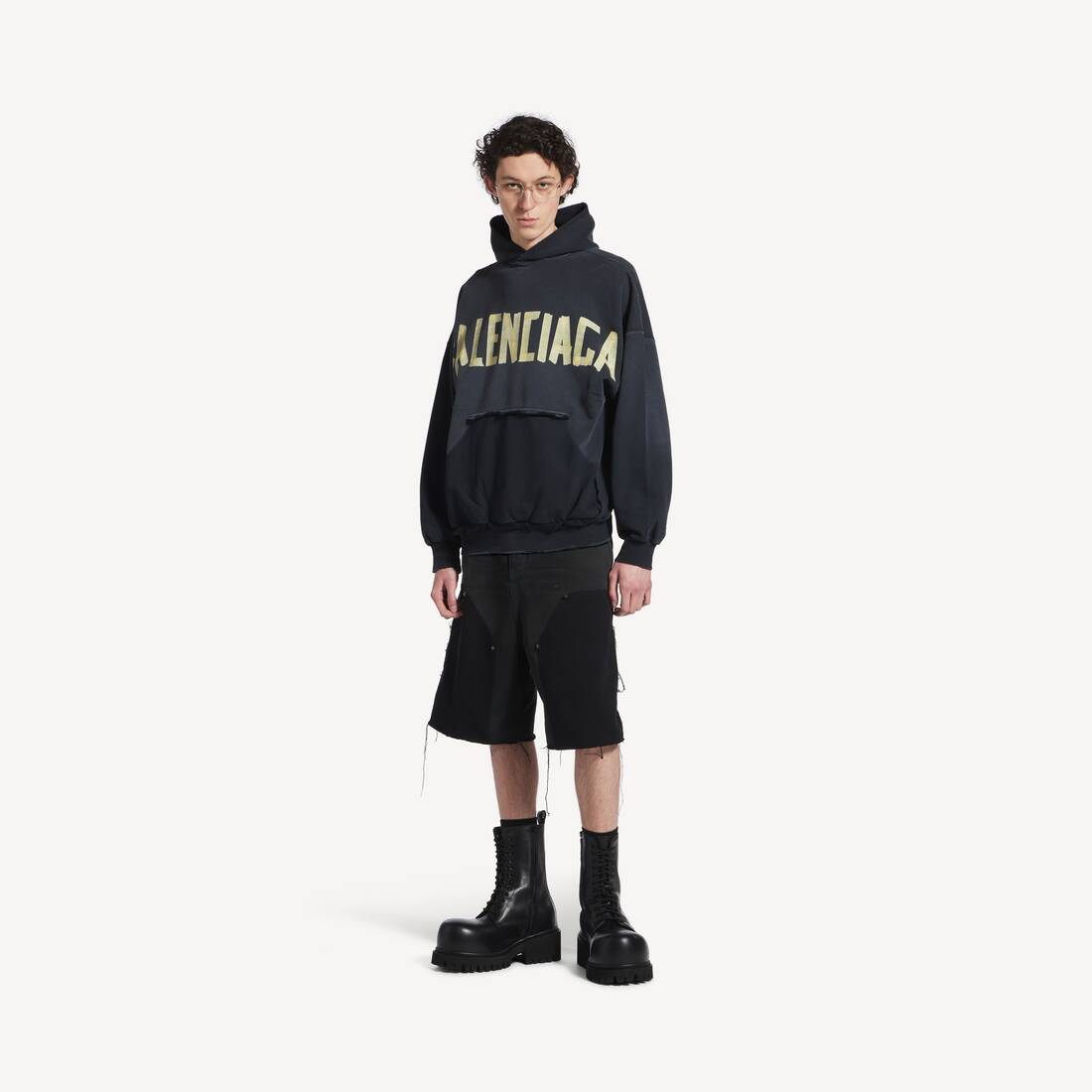Tape Type Ripped Pocket Hoodie Oversized in Black Faded