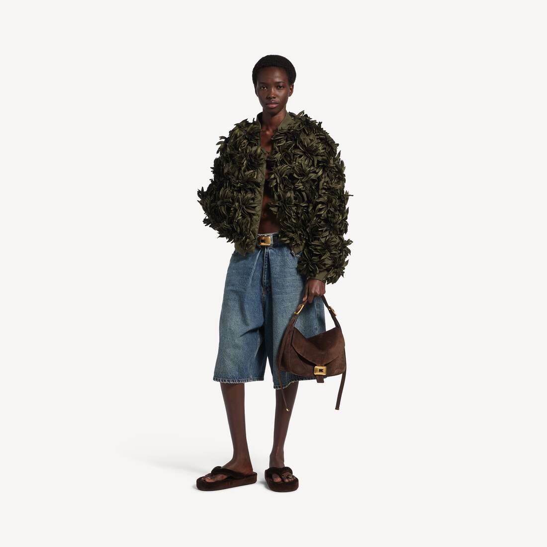 Women's Flowers Cocoon Bomber in Khaki