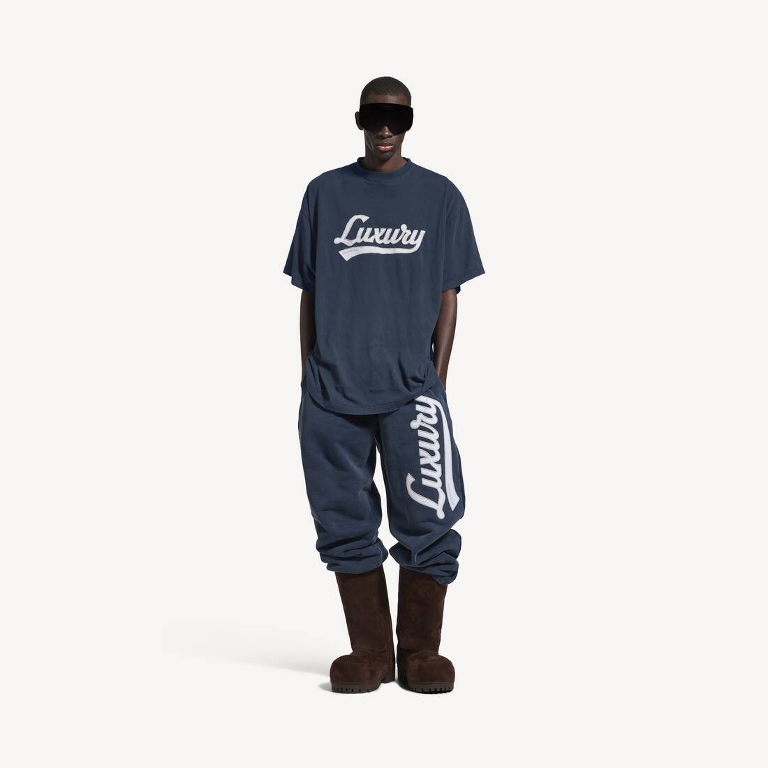 Men's Luxury Script Oversized T-shirt in Washed Navy/white