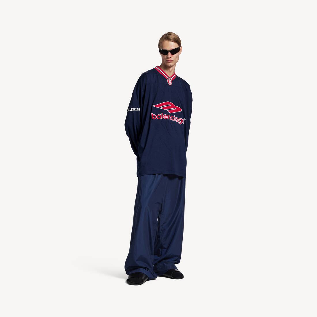 Men's 3b Football Long Sleeve V-neck T-shirt in Dark Navy/red