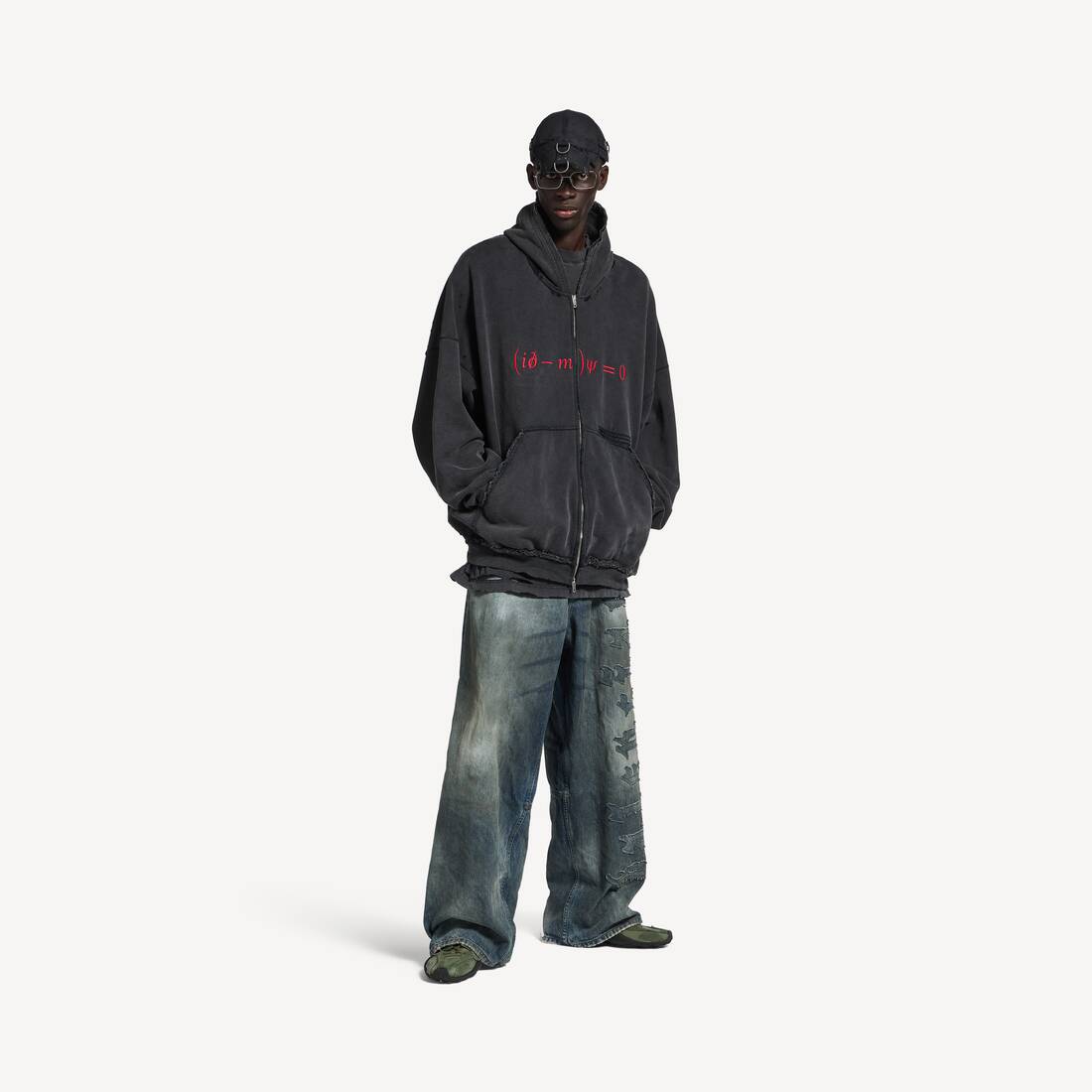 Men's Dirac Equation Pulled Zip-up Hoodie Large Fit in Washed Black/red