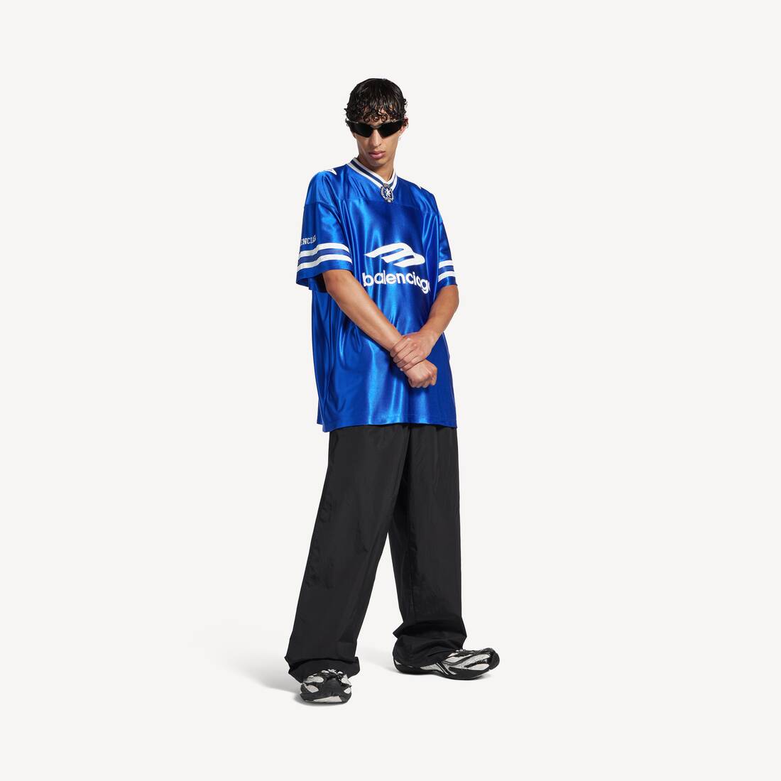 Men's 3b Football V-neck T-shirt Oversized in Royal Blue/white