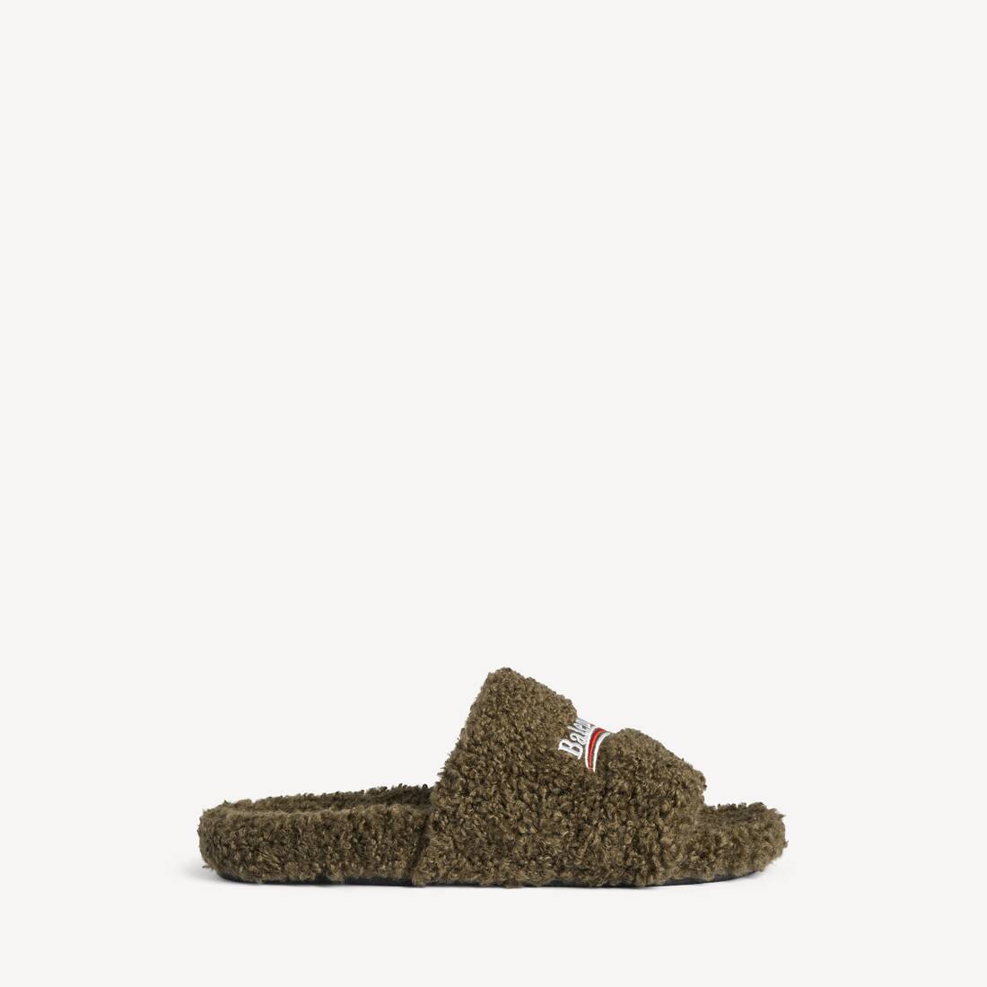 Men's Furry Open Mule in Army Green/white/red