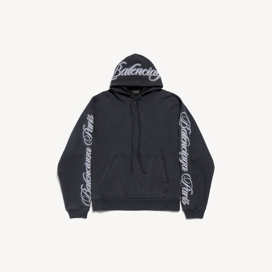 Men's Cursive Oversized Hoodie in Washed Black/white
