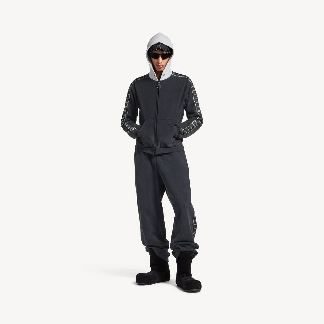 Men's Stripe Patched Hood Zip-up Hoodie in Faded Black/grey