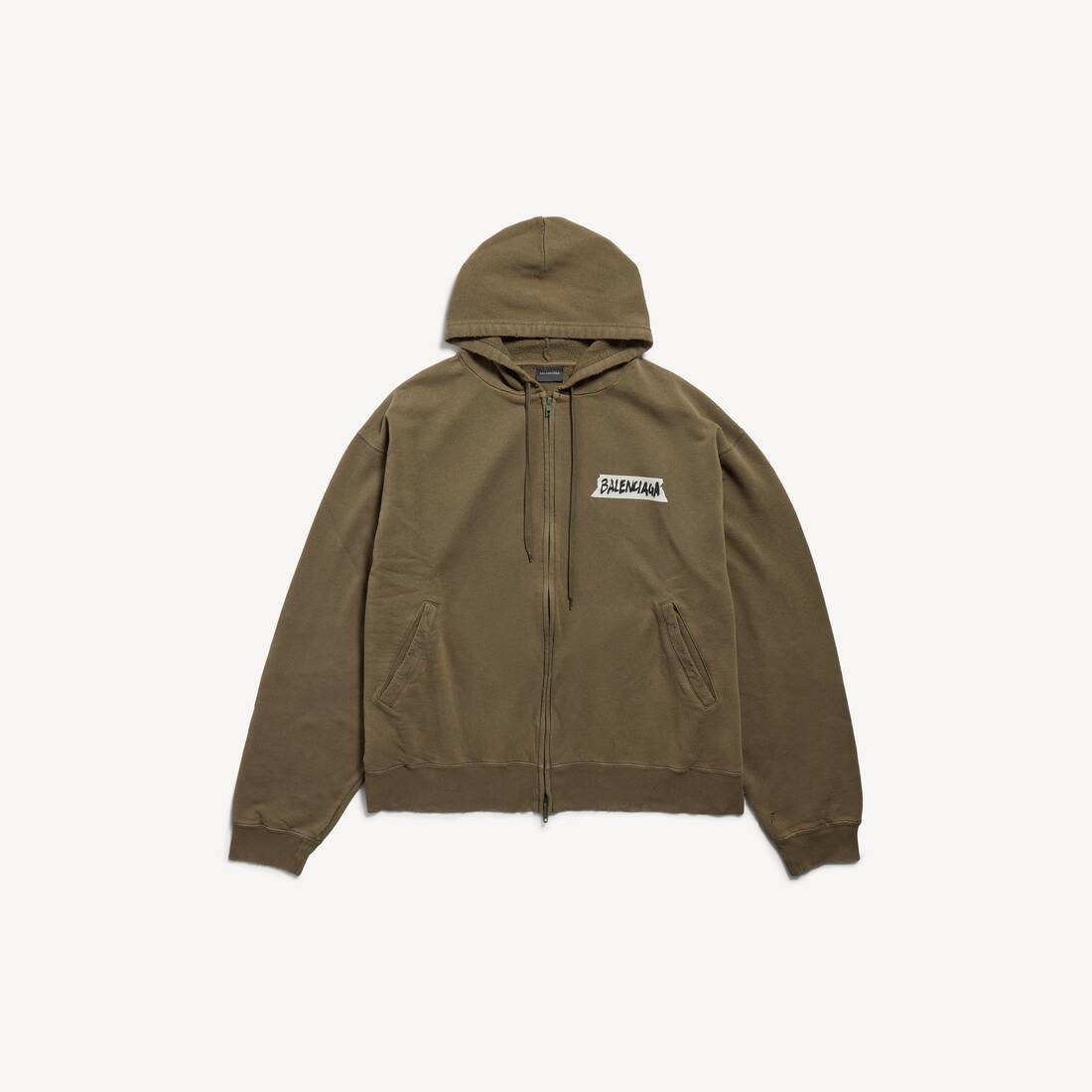 Men's Masking Tape Oversized Zip-up Hoodie in Khaki