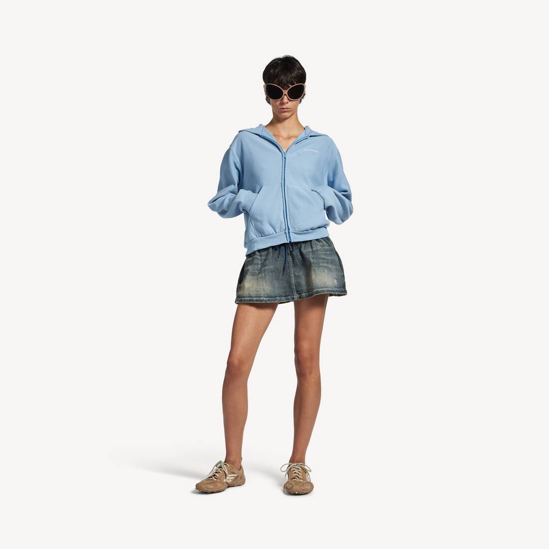 Women's Balenciaga Back Zip-up Hoodie Regular Fit in Light Blue/white