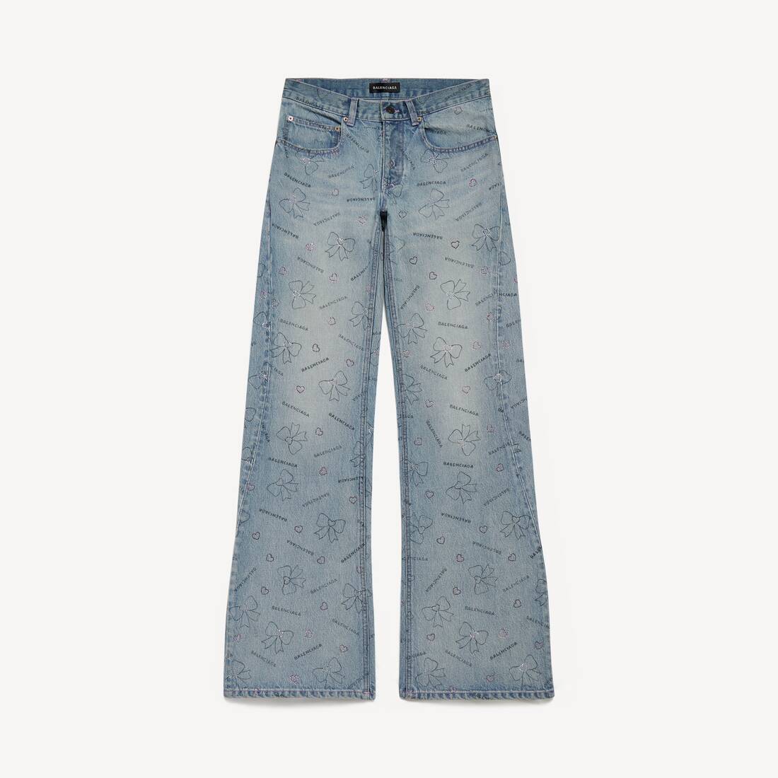 Women's Handrawn Bows Denim Pants in Iced Blue