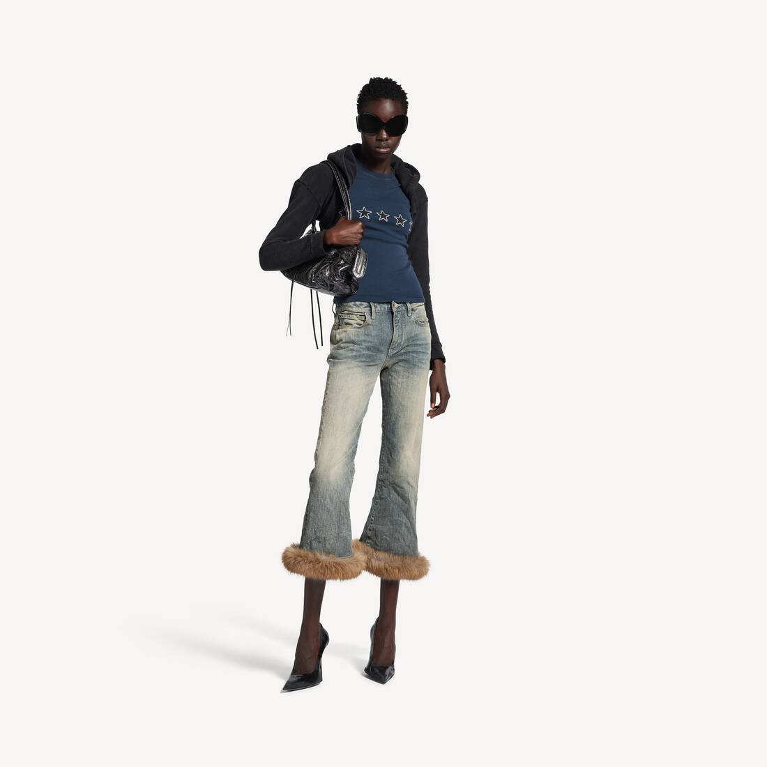 Women's Fur Trim Flared Capri Pants in Light Blue