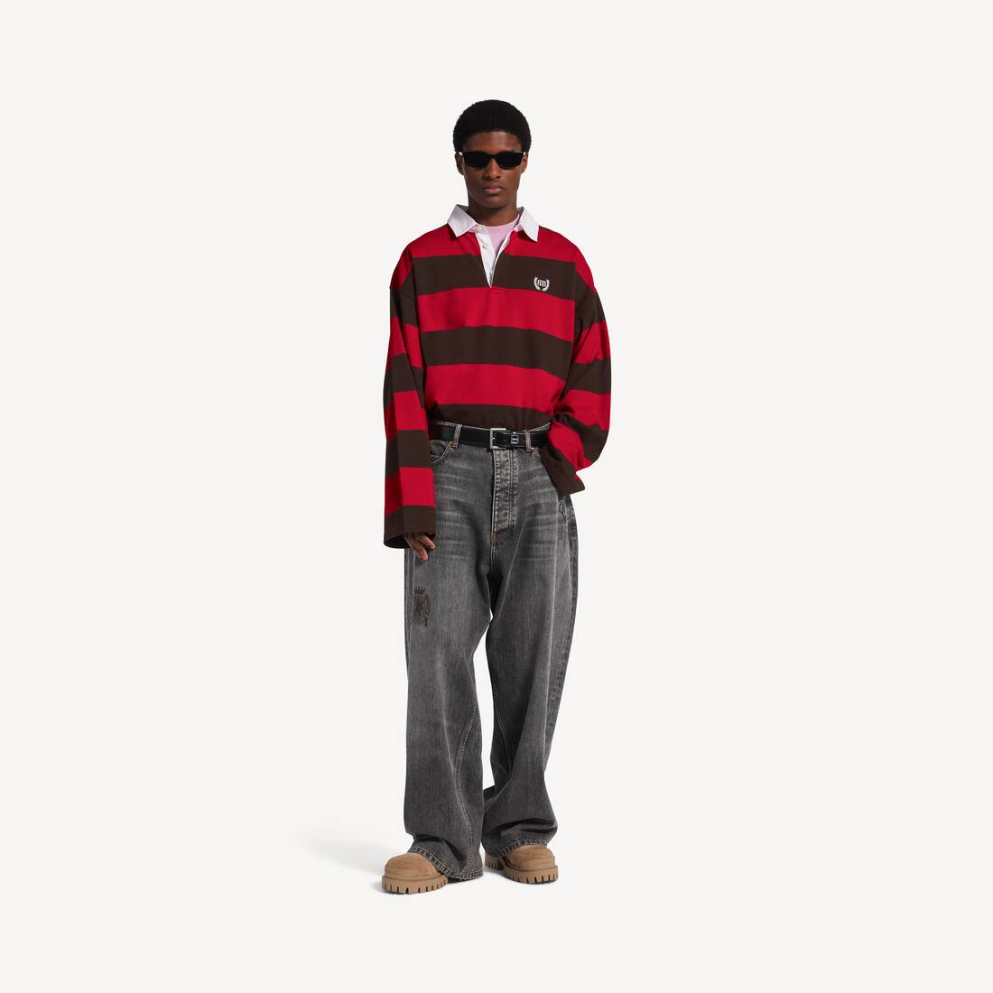 Men's Longsleeve Polo in Dark Brown/red